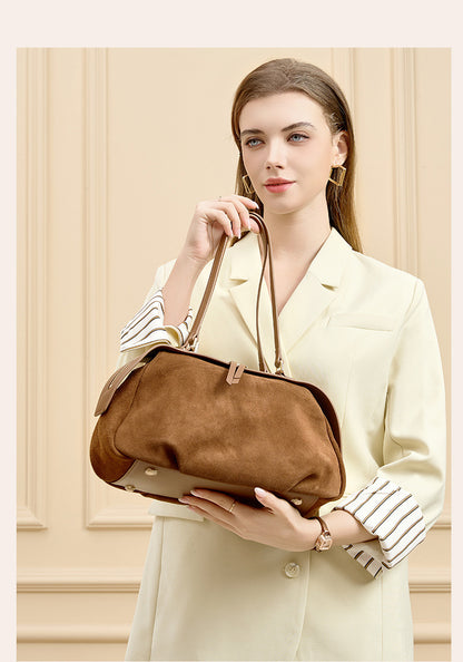Khaki leather shoulder bag in a seasonal lifestyle setting