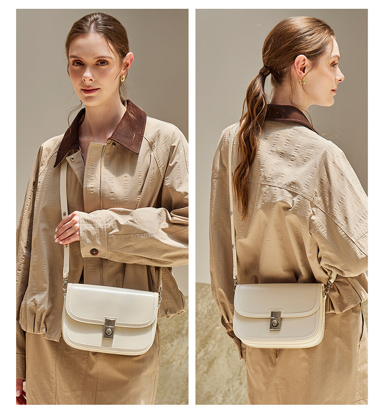 Side-by-side view of cream leather messenger bag worn front and back