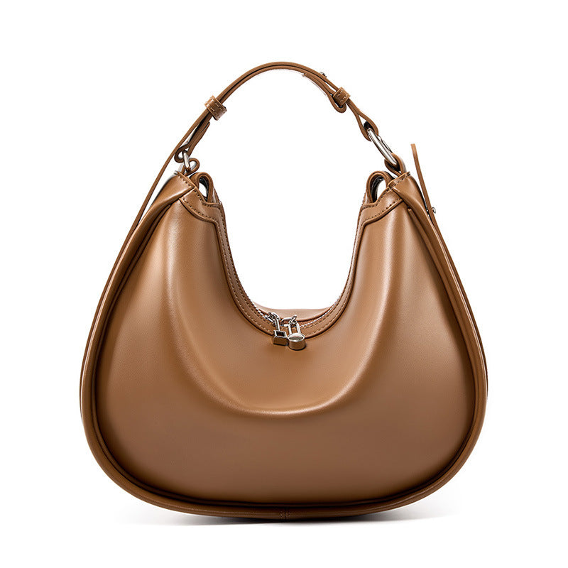 Cowhide Leather Crescent Shoulder Bag in Brown