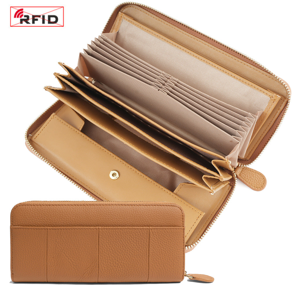 Top-Grain Cowhide Zip-Around Long Wallet with RFID Blocking in Color Block - Caramel