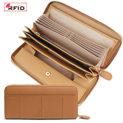Top-Grain Cowhide Zip-Around Long Wallet with RFID Blocking in Color Block - Caramel