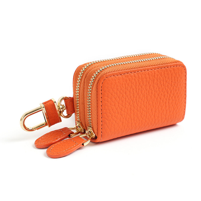 Cowhide Leather Compact Key Case with Clip in Orange (Double Zipper)