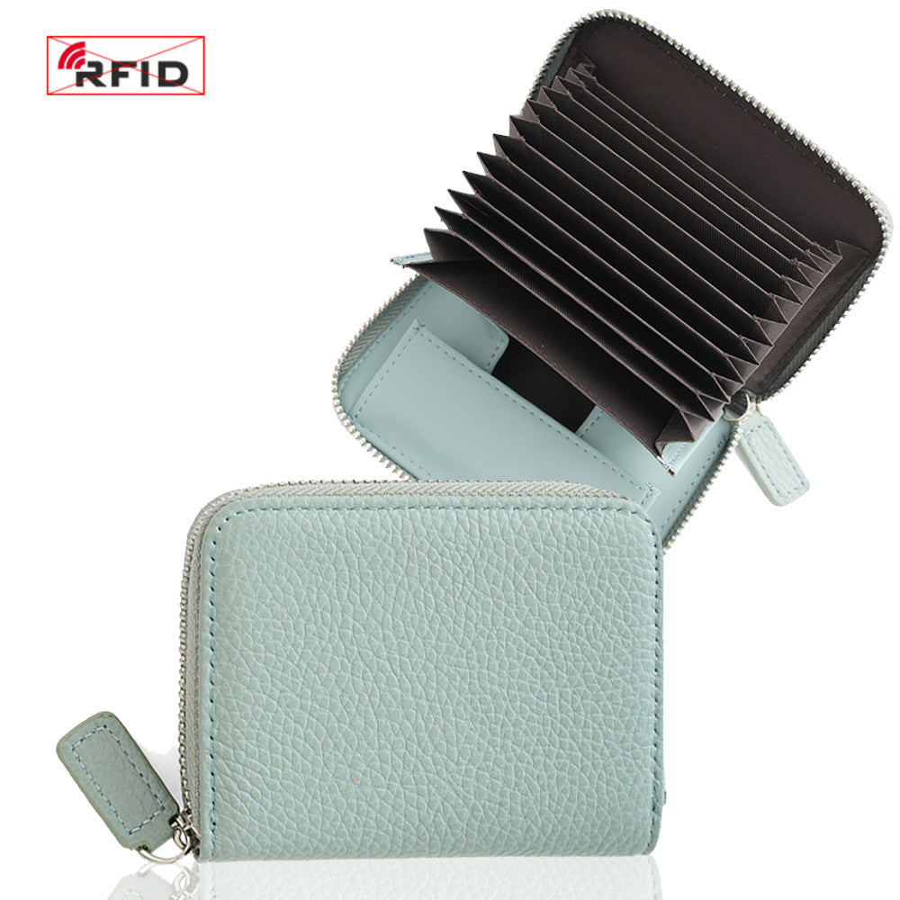 Top-Grain Cowhide Zip Wallet with RFID-Blocking Card Slots in Azure Blue