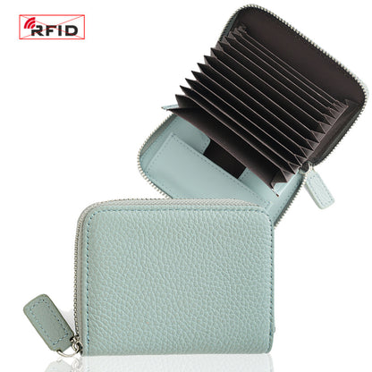 Top-Grain Cowhide Zip Wallet with RFID-Blocking Card Slots in Azure Blue