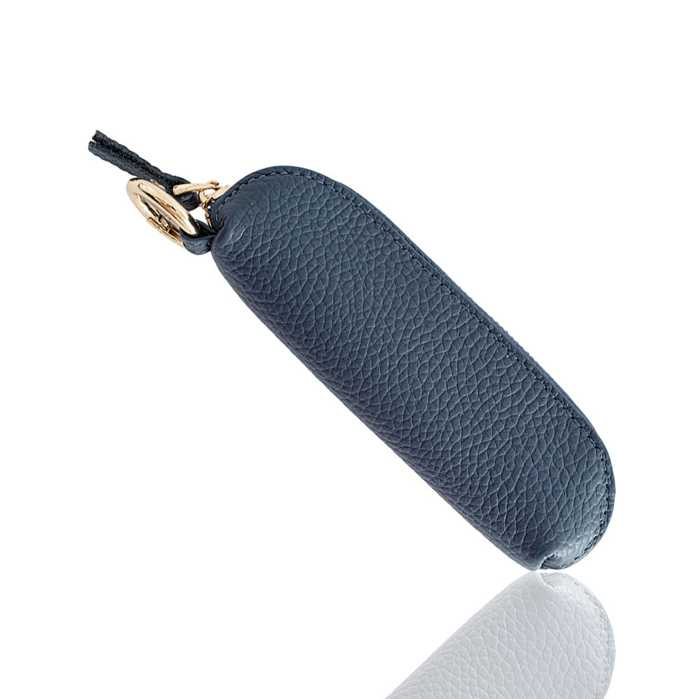 Top-Grain Cowhide Mini Zip Coin Purse with Key Clip in Navy Blue
