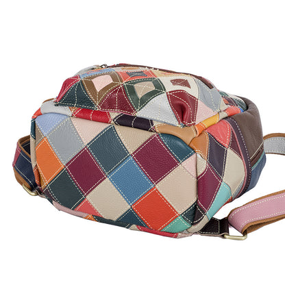 Close view of geometric patchwork panels on the backpack base