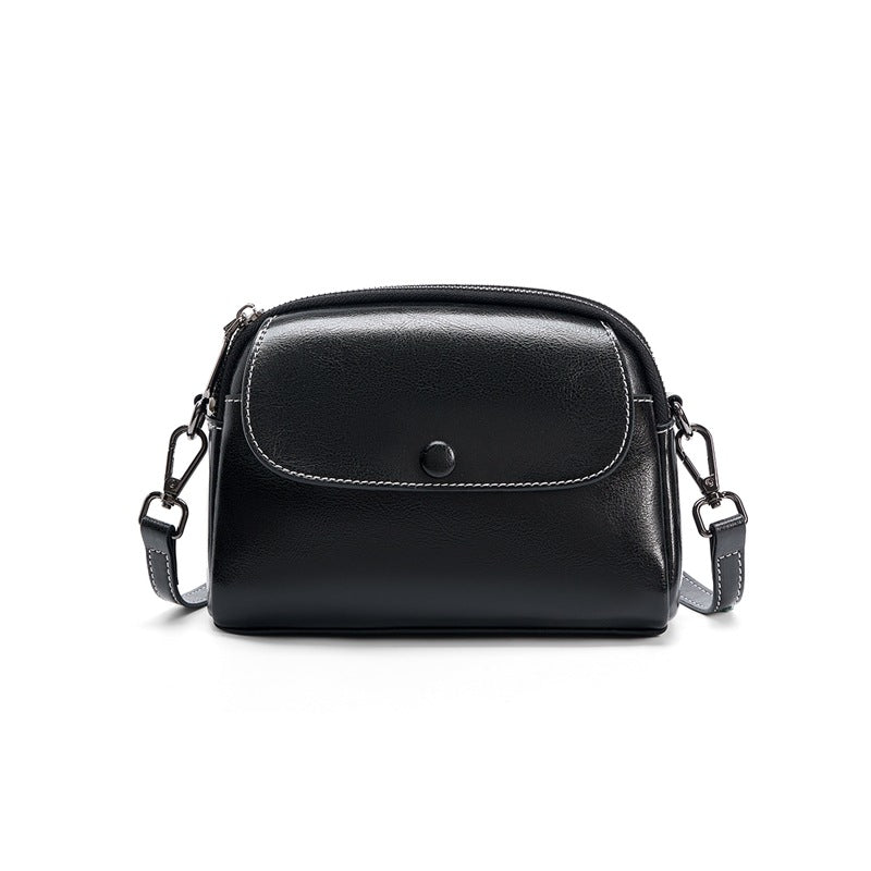 Cowhide Mini Crossbody Bag with Snap Flap, Oil-Waxed Leather in Black