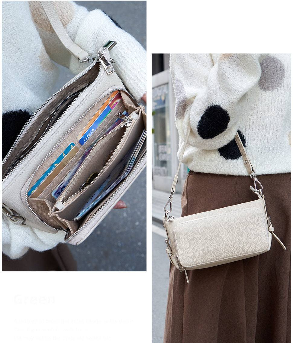 Interior view of cream leather bag with card slots