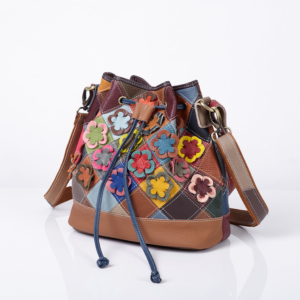 Back view of multicolor leather patchwork bucket bag