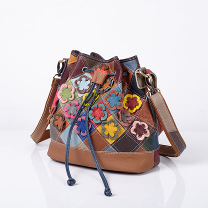 Back view of multicolor leather patchwork bucket bag