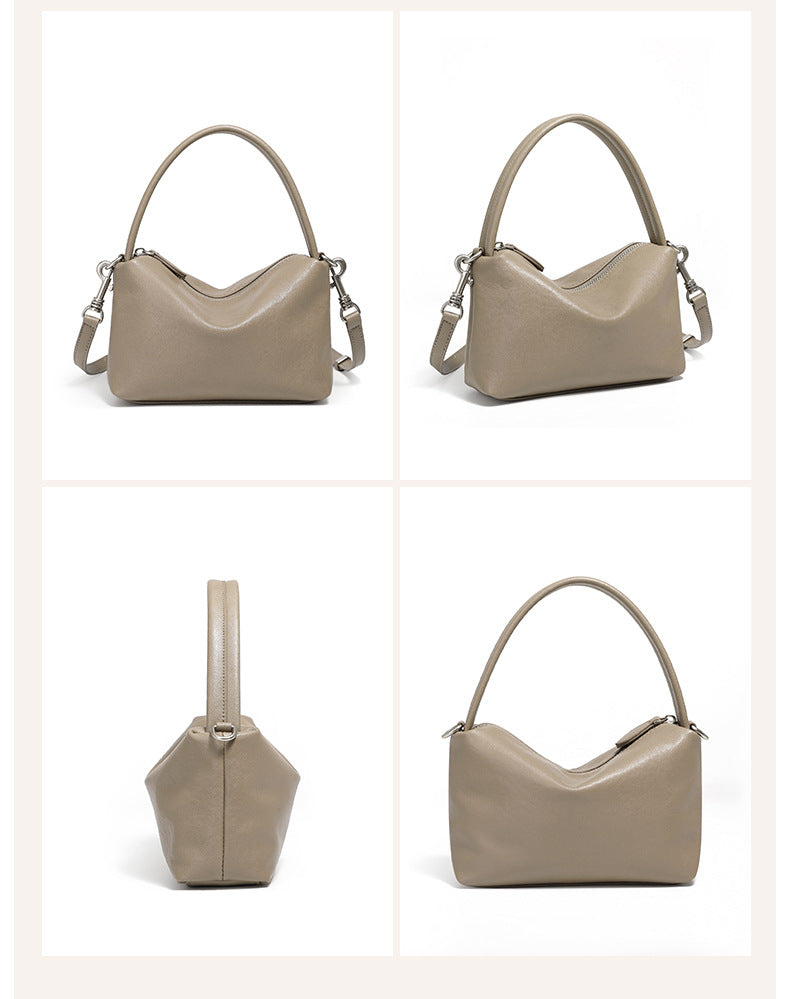 Four angle views of the gray pillow bag