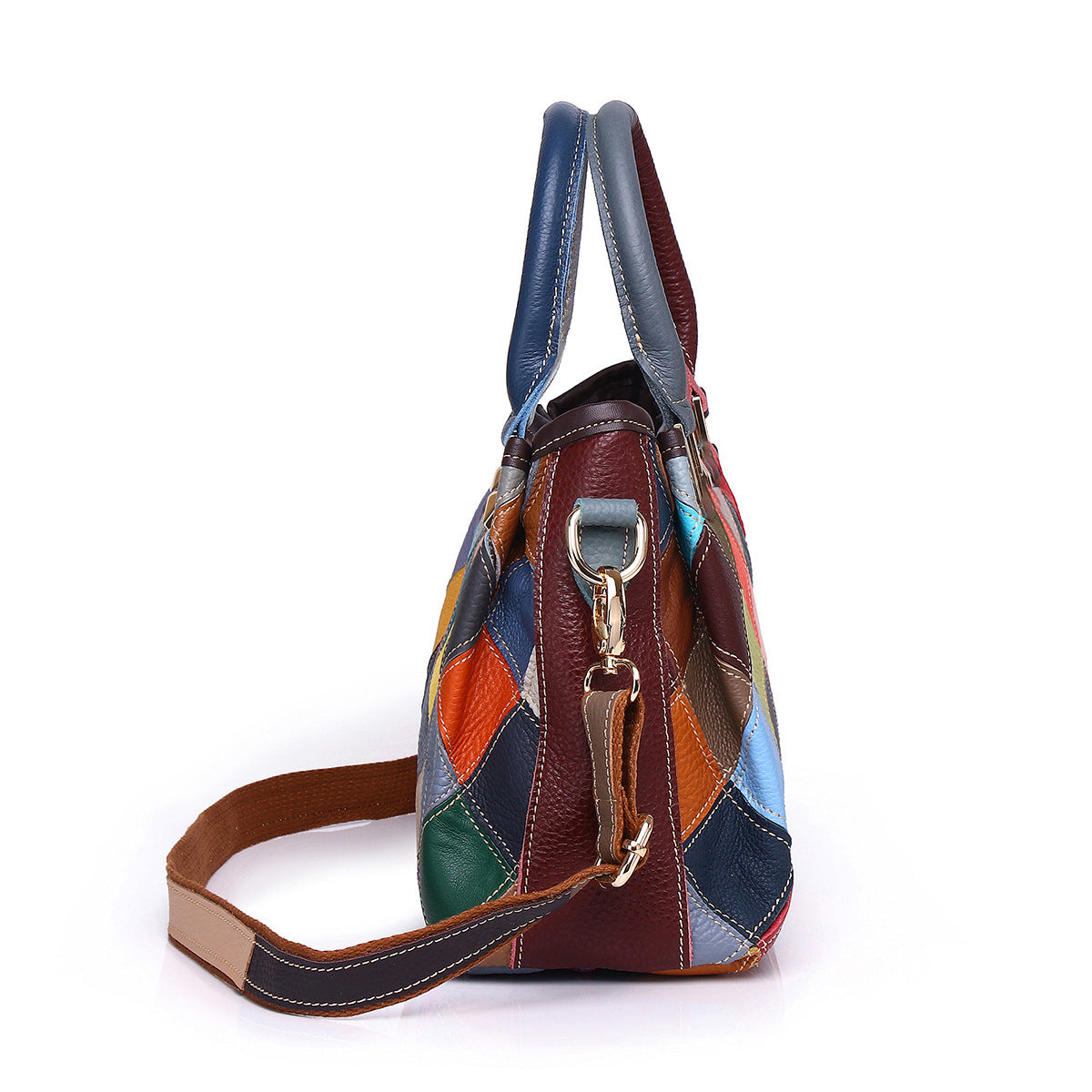 Side profile showing the bag depth, top handles, and detachable shoulder strap