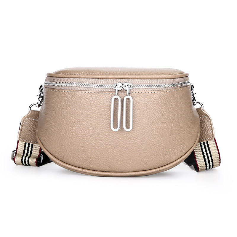 Light taupe cowhide bag with twin zipper pulls