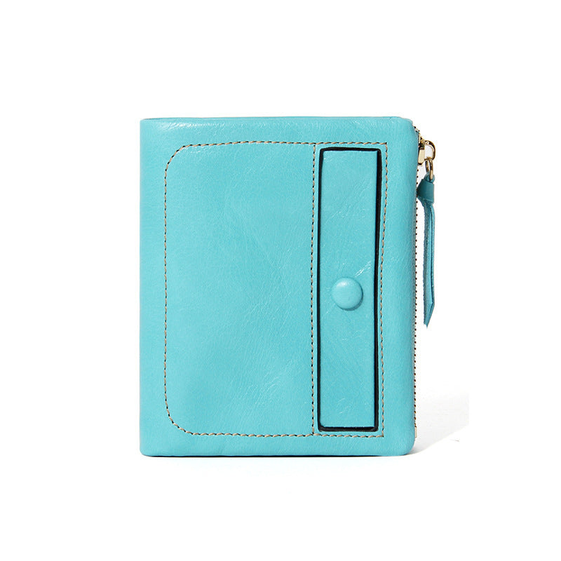 Top-Grain Cowhide Vintage Vertical Short Wallet in Light Blue