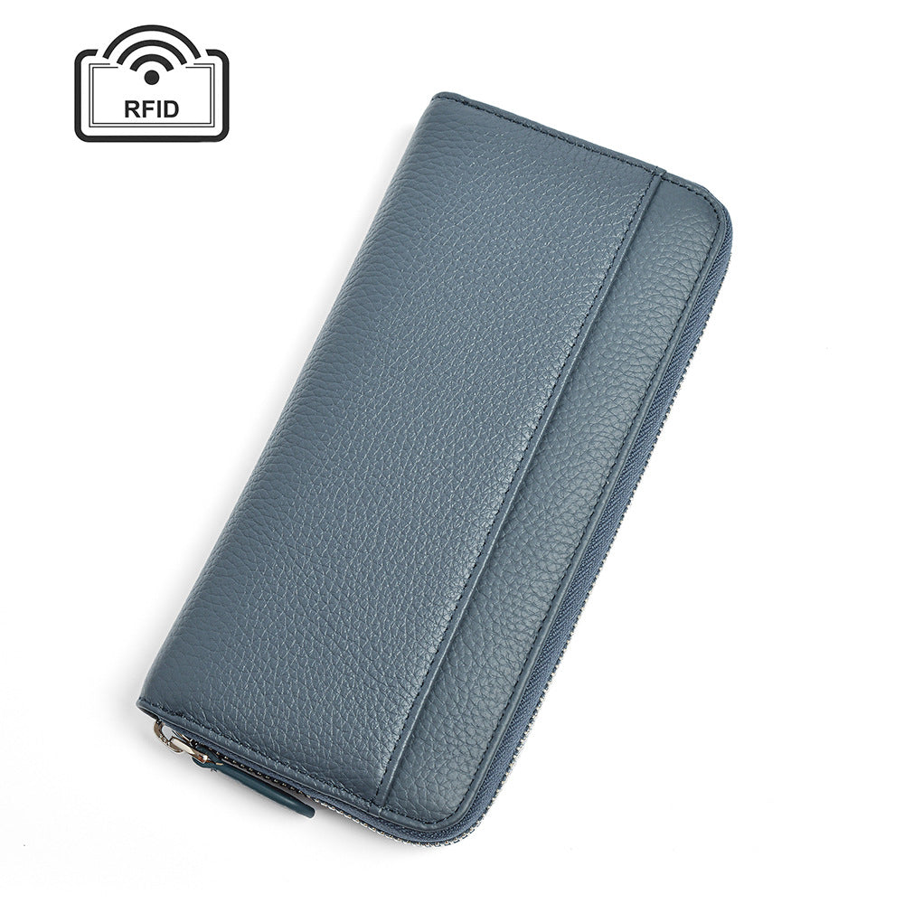 Blue leather wallet with visible stitching detail