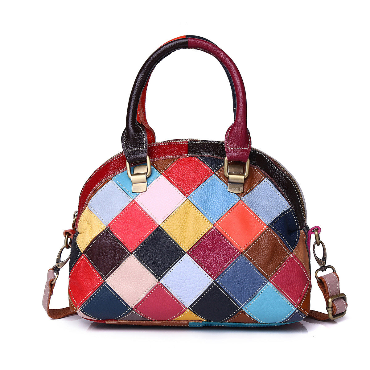 Multicolor patchwork leather bag shown with two handles and shoulder strap