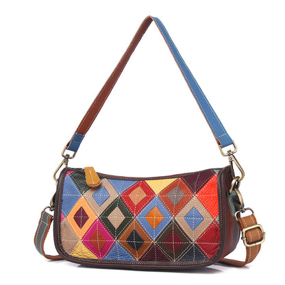 Alternate front angle of the geometric patchwork shoulder bag