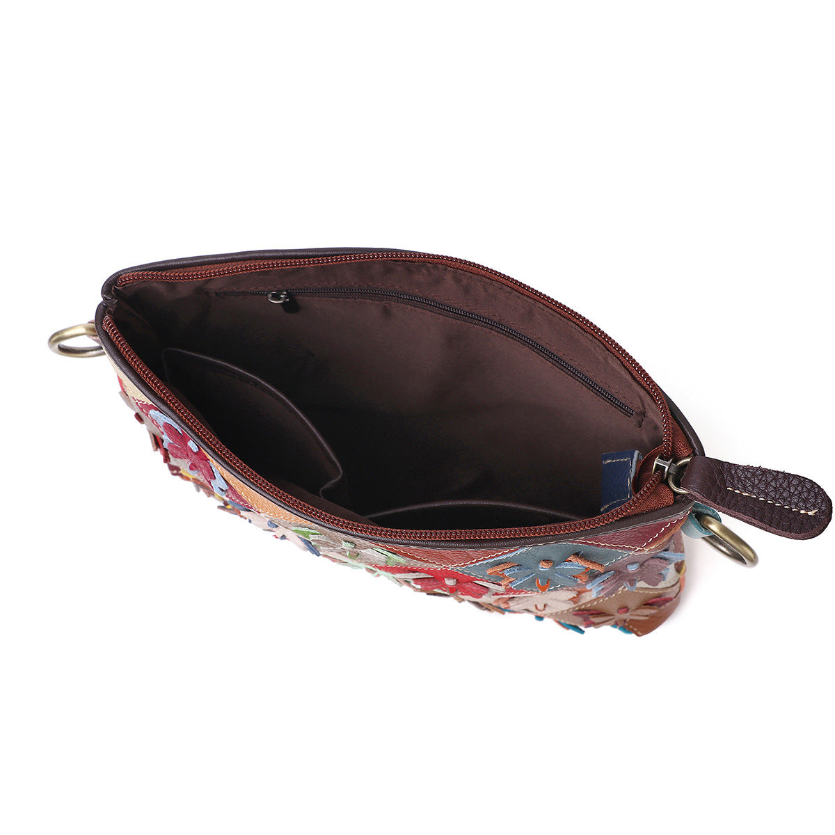 Open top view of the polyester-lined bag with interior zip and phone pockets
