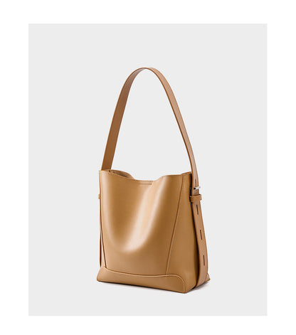 Front view of Salt Khaki bucket bag on white background