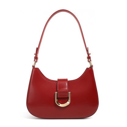 Wine red cowhide shoulder bag front view on white background