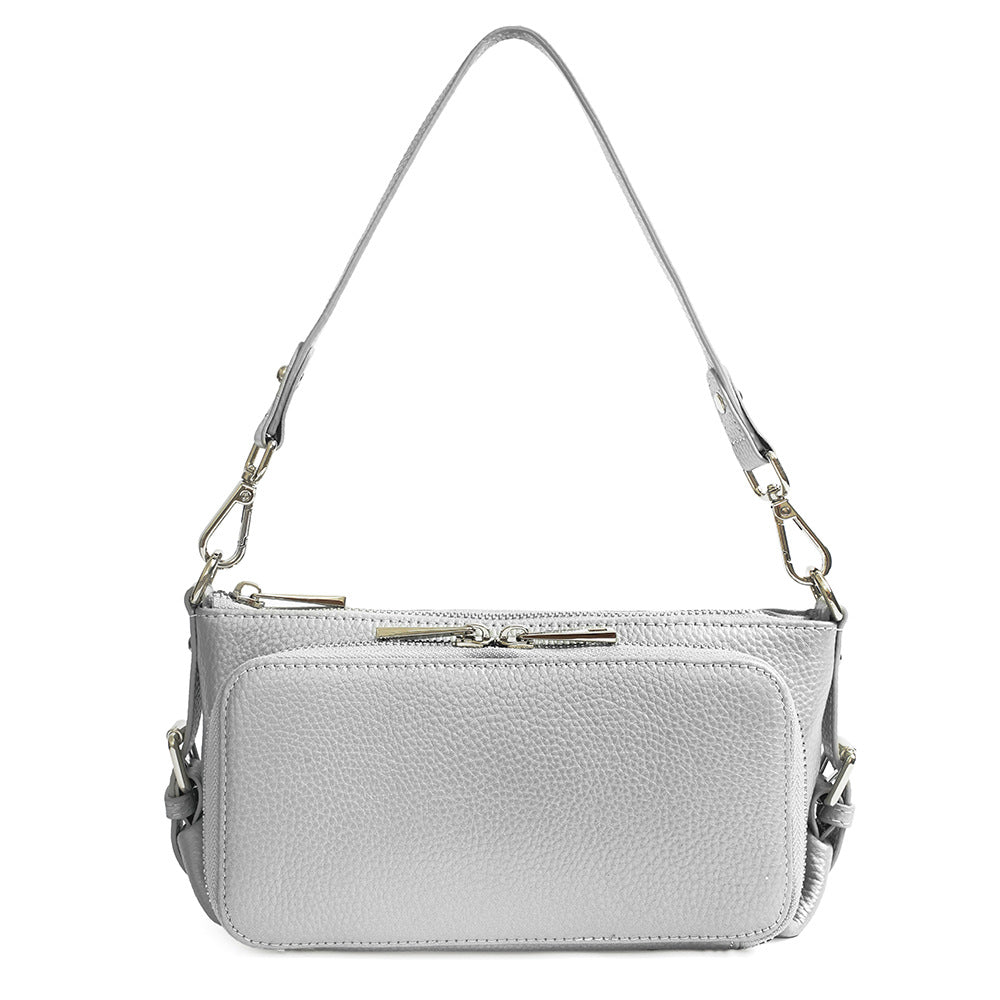 Grey leather crossbody bag with silver zippers