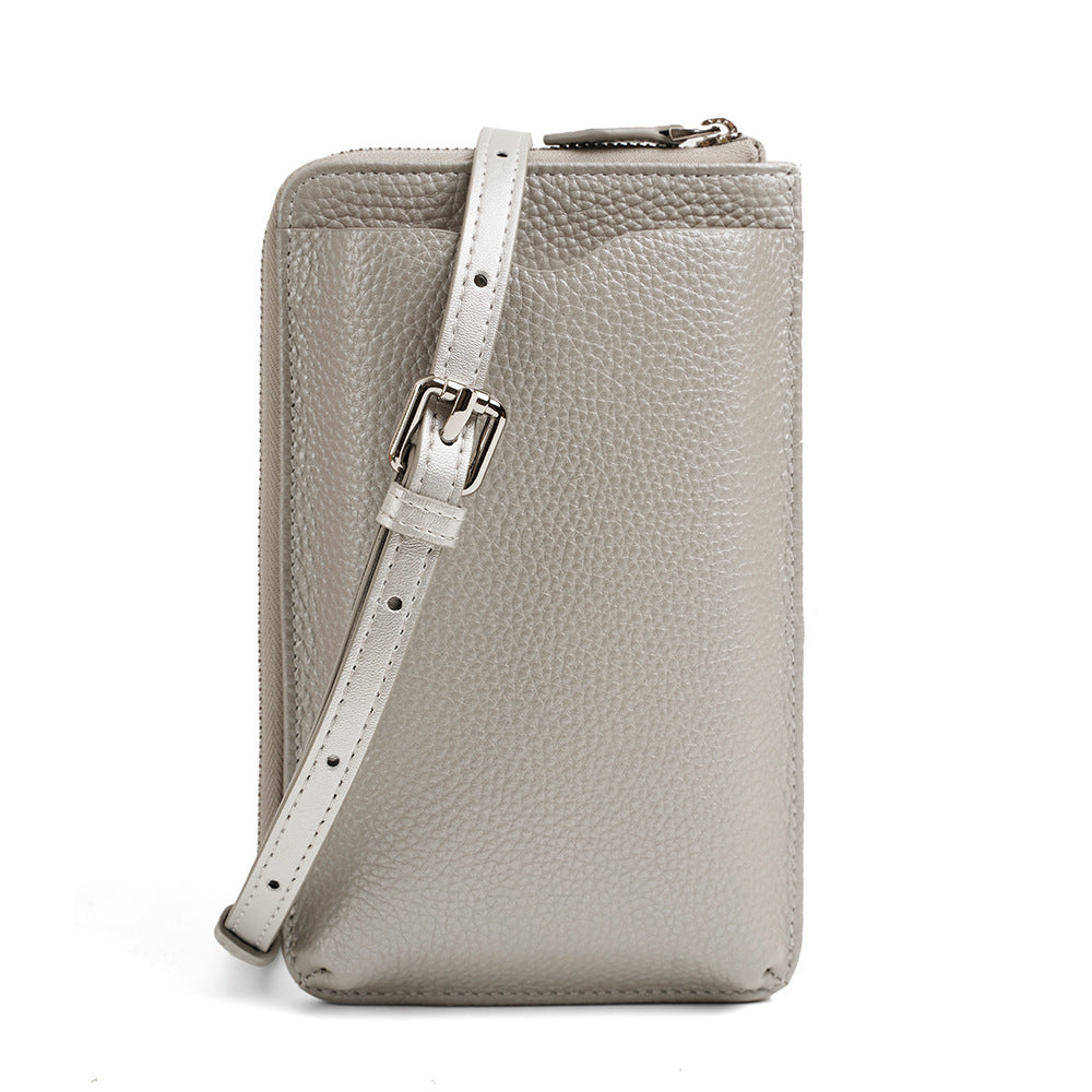 Cowhide Leather Vertical Phone Crossbody Bag in Silver