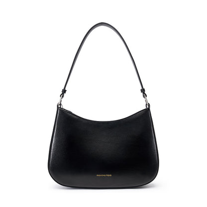 Black cowhide leather underarm shoulder bag with curved top edge and single shoulder strap