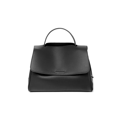 Black cowhide leather top-handle bag with flap closure on white background