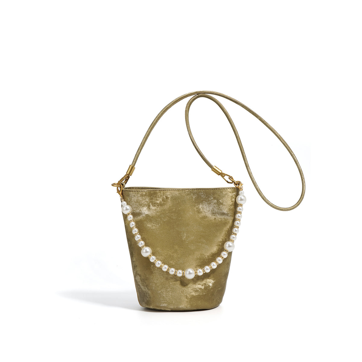 Moss green split leather mini bucket bag with pearl chain on white background