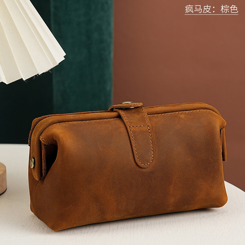 Top-Grain Cowhide Cosmetic Pouch – Color Options in Distressed Leather - Brown