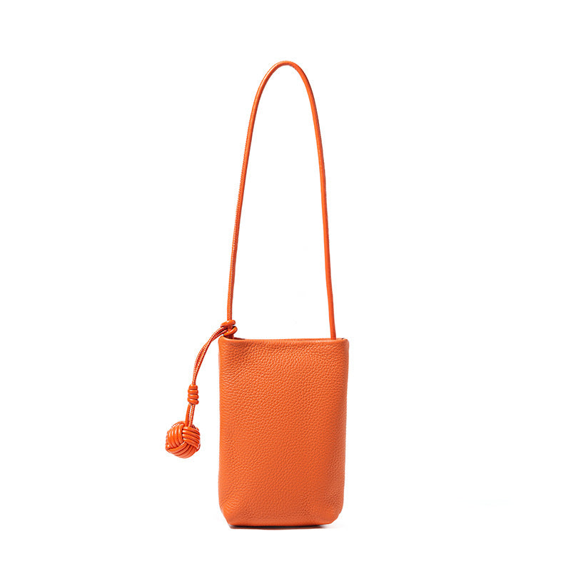 Cowhide Leather Micro Bucket Phone Crossbody Bag in Orange