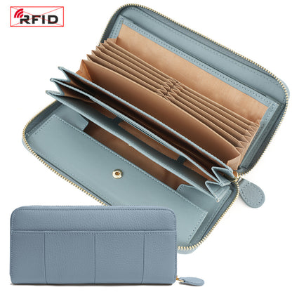 Top-Grain Cowhide Zip-Around Long Wallet with RFID Blocking in Color Block - Light Blue