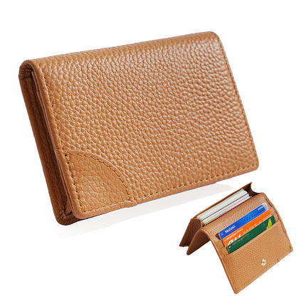 Tan coffee brown pebbled cowhide leather card holder with open coin pocket view