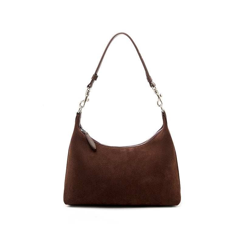 Cowhide Suede-Panel Shoulder Bag in Coffee, 12.2 x 3.5 x 10.2 in