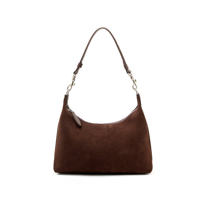 Cowhide Suede-Panel Shoulder Bag in Coffee, 12.2 x 3.5 x 10.2 in