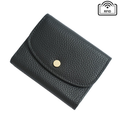 Black pebbled cowhide mini coin purse wallet shown closed with gold-tone snap and RFID label