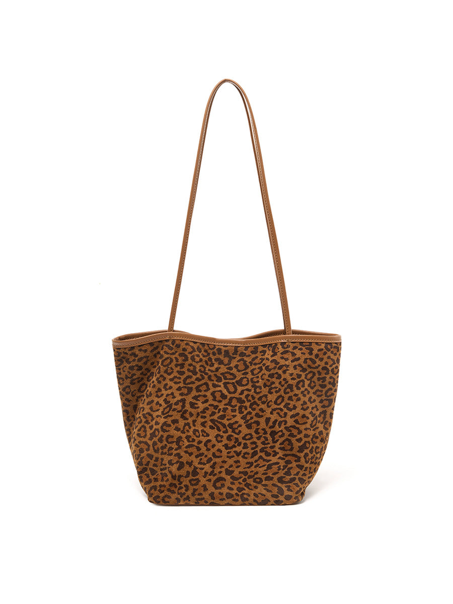 Leopard print suede shoulder tote shown upright