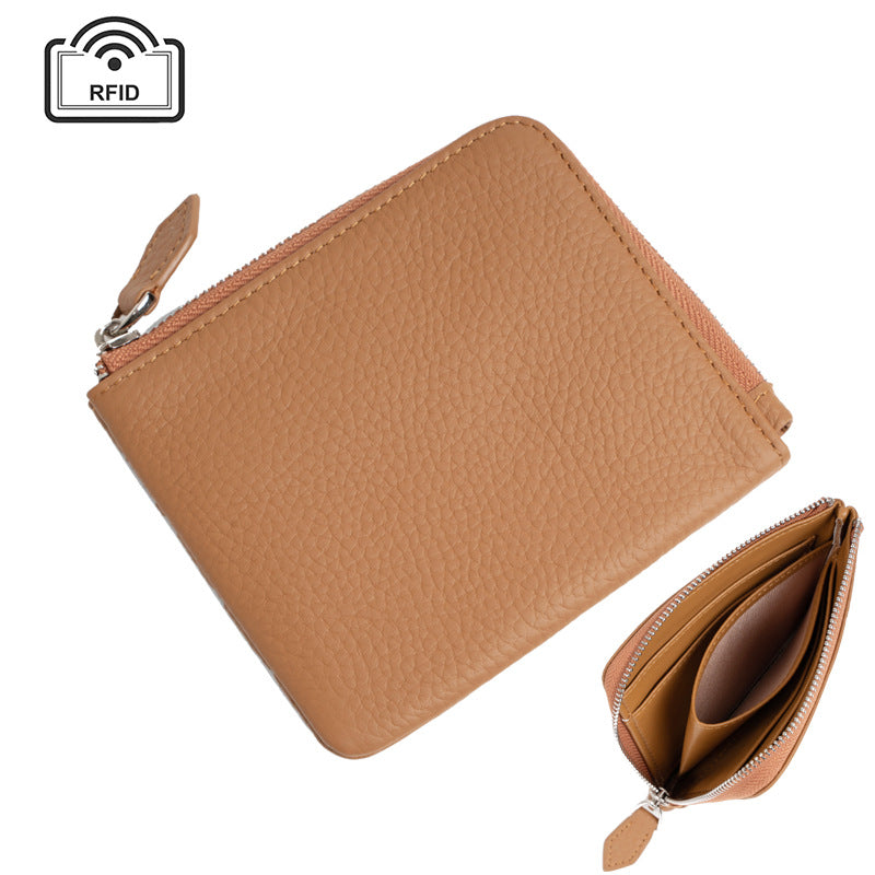 Cowhide Leather Short RFID-Blocking Wallet in Coffee