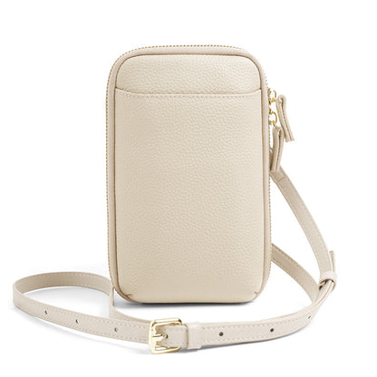 Ivory white leather crossbody phone bag with gold-tone hardware and adjustable strap