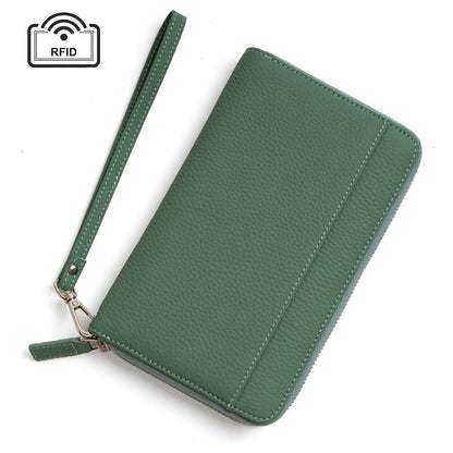 Genuine Leather RFID Passport Holder Wallet with Wrist Strap in Avocado Green