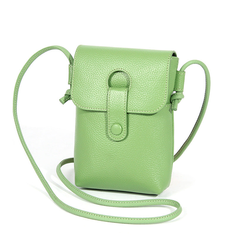 Green pebbled cowhide leather small phone pouch with knotted strap detail