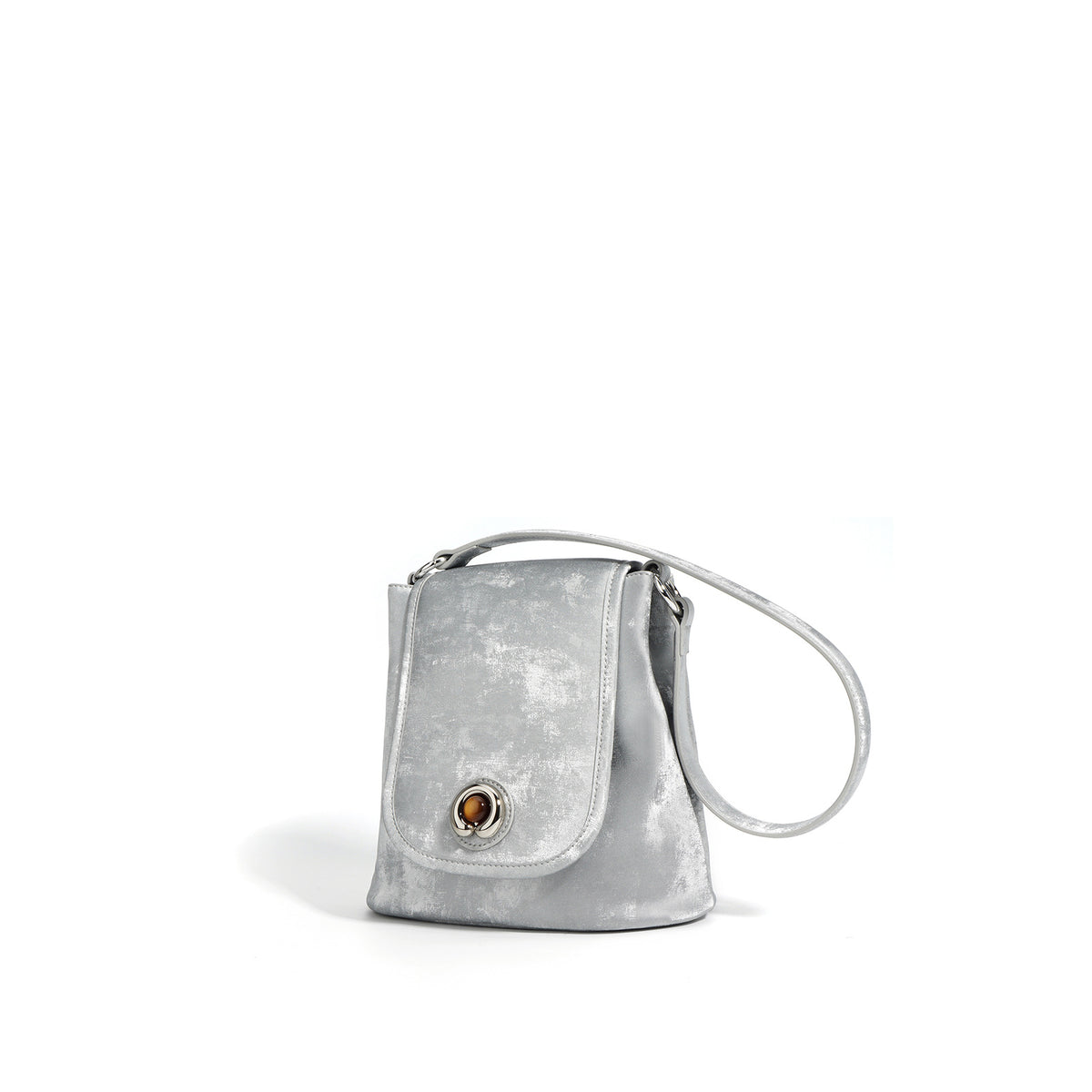Silver gray split leather bucket bag with strap extended on white background