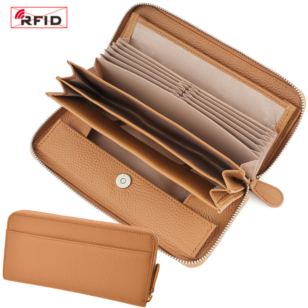 Top-Grain Cowhide Zip-Around Long Wallet with RFID Blocking in Classic - Caramel
