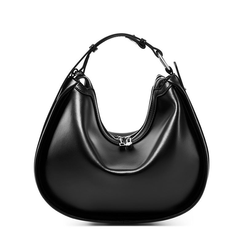 Black cowhide leather crescent shoulder bag with adjustable strap