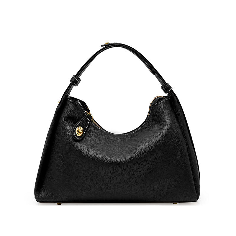 Black cowhide leather medium shoulder bag front view on white background