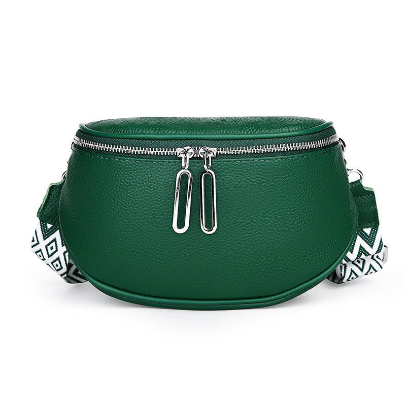 Dark green cowhide bag with patterned strap
