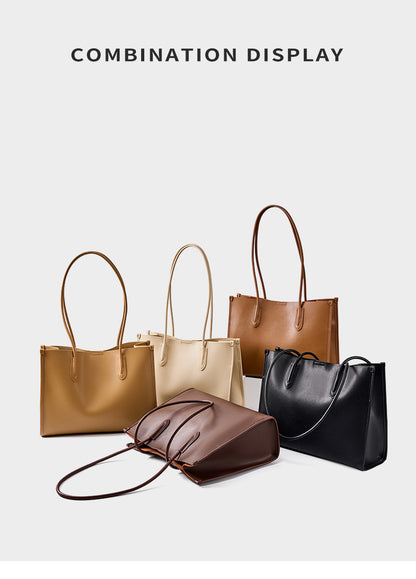 Combination display of leather tote bags in five colorways