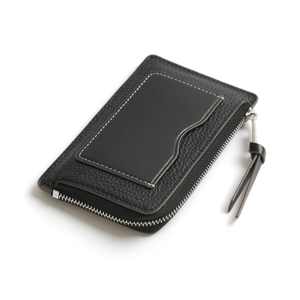 Black top-grain cowhide mini card holder wallet with zip coin pocket and exterior card slot