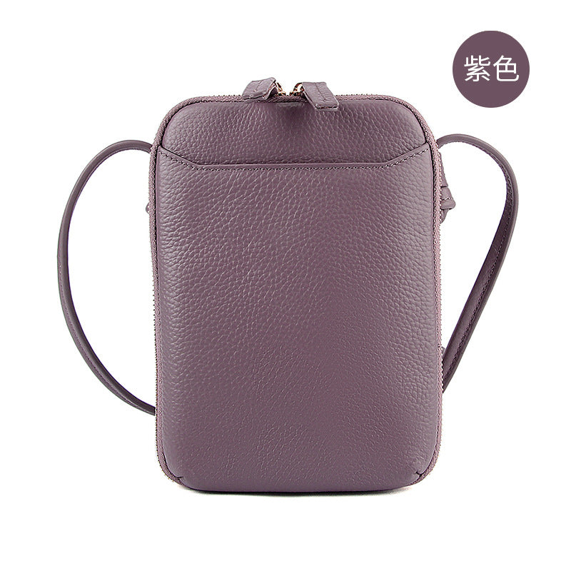 Cowhide Vertical Crossbody Phone Bag, Pebbled in Purple