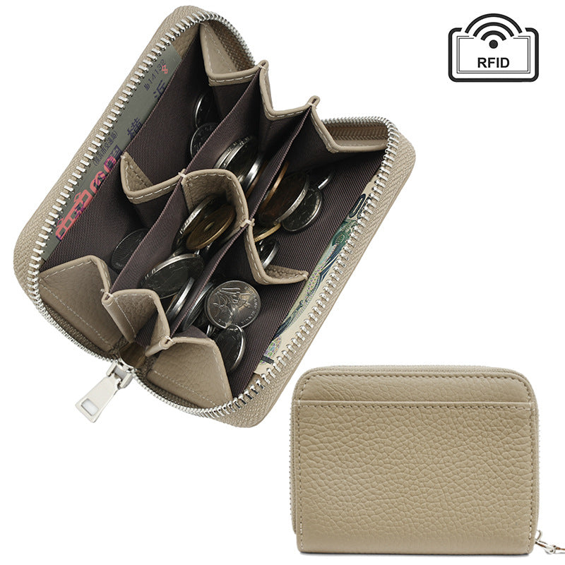 Linen grey slim leather coin wallet showing front view